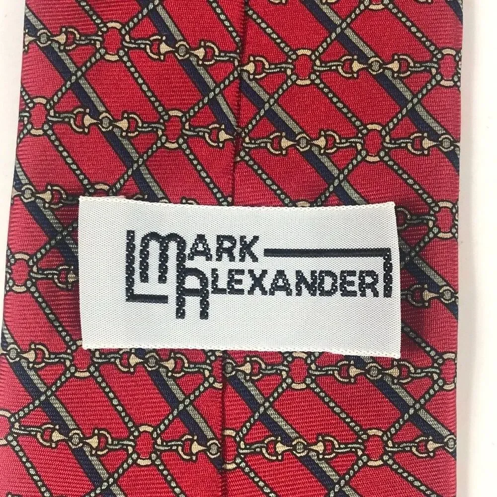 Mark Alexander Red Silk Equestrian Horse Bit Chain Diamond Grid Necktie USA Tie